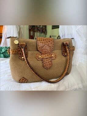 Eric Javits Tan Straw Satchel with Croc-Embossed Brown Trim